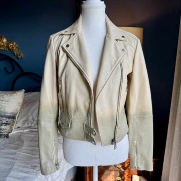 Pinko Cream and Sage Green Leather Moto Jacket - Picture 12 of 15
